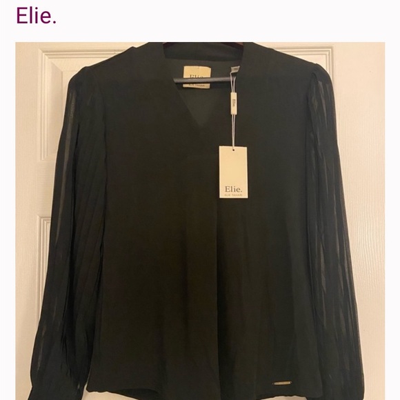 Elie Tahari Black Sheer-Sleeve V-Neck Blouse - Picture 9 of 9